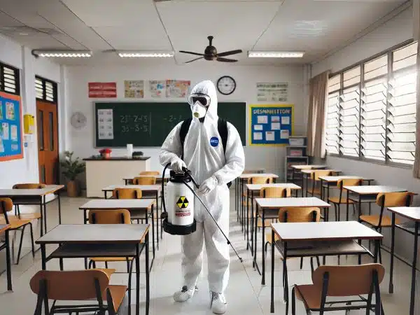 operatore che fa una disinfestazione in aula di una scuola