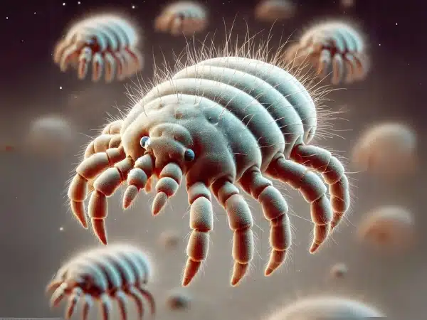 Primo piano di un gruppo di acari al microscopio